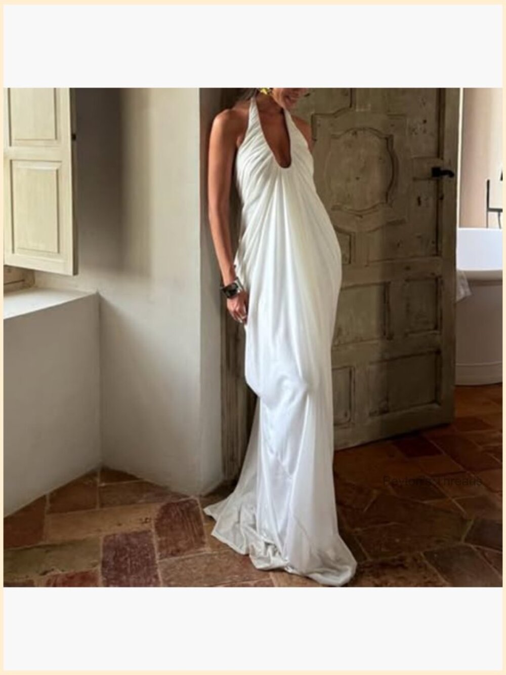 Halter Deep V-Neck Maxi Gown with Cascade Drape Floor-Length Wedding Guest Beach - Picture 2 of 7